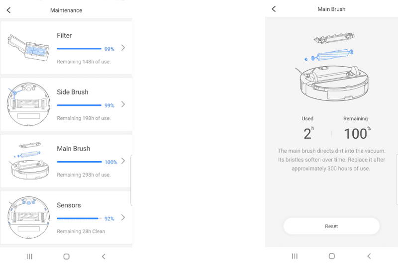 Информация о техническом обслуживании каждой запасной части отображается в приложении Roborock S7 App.
